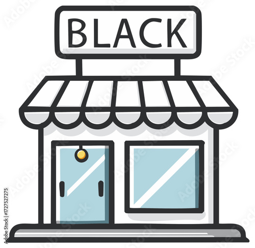 Black Storefront, Building with Awning, Store, Window, Door - Business Illustration