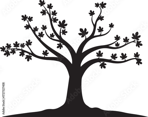Silhouette of a stylized tree with leaves and roots on a white background Keywords: silhouette, tree, nature
