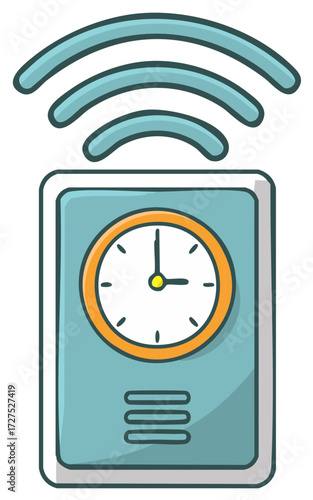 Digital clock with wireless signal waves overhead for modern timekeeping concept
