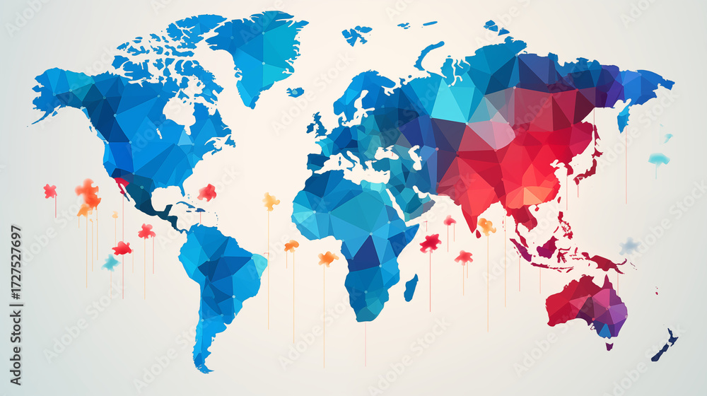 Fototapeta premium Navigate global strategy with this vibrant, modern geometric world map, ideal for presentations, reports, or educational materials detailing worldwide expansion