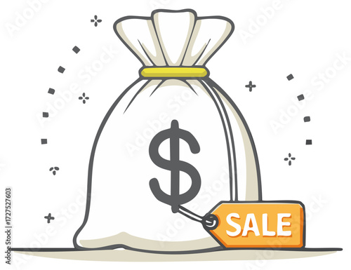 Money bag with a dollar sign and a sale tag, promoting financial discounts and deals
