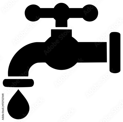 Black faucet releasing water drop graphic icon illustration; Plumbing fixture, water supply equipment, kitchen or bathroom detail