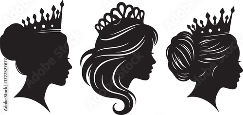 Three Silhouettes of Women's Heads Wearing Crowns profile