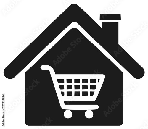 Shopping cart silhouette inside a house symbol, retail and home