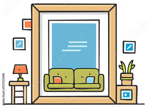 Cartoon illustration of a living room interior with sofa and art
