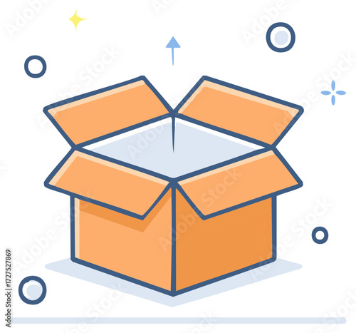 Open cardboard box with blue outlines and stars suggesting delivery, package, or surprise, against white background