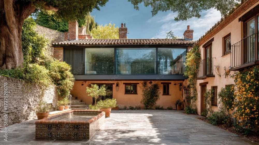 Fototapeta premium Charming Mediterranean courtyard with orange stucco walls, green shutters, terracotta roof tiles, flower pots,