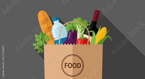 A brown paper grocery bag overflowing with fresh food items including bread, vegetables, a bottle of water, and a bottle of wine, suggesting a healthy shopping experience