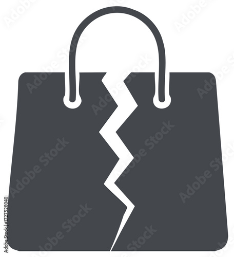 Damaged shopping bag with crack symbolising crisis retail market, financial hardship and business failure in commerce sector