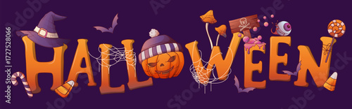 Vector horizontal Halloween typographic header, pumpkins, candy, spider web, witch hat, mushrooms. Bright orange and purple composition for party advertising and festive design. 