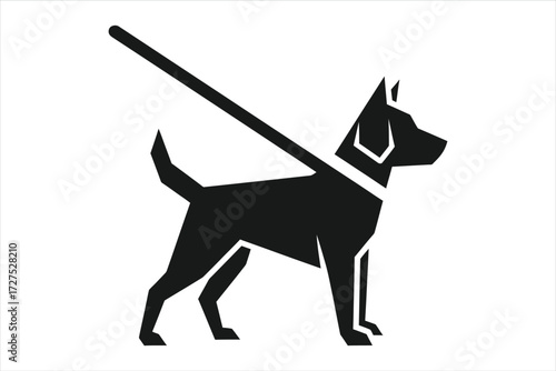 Vector art of a black silhouette of a guide dog standing with a long cane across its back, the dog is wearing a collar and has a short tail