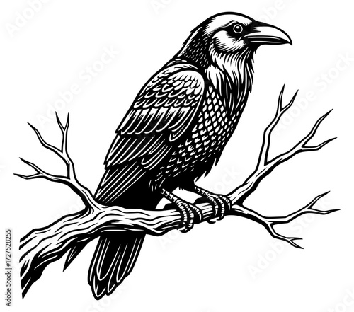 Crow or raven perched on a bare tree branch, bird, nature, gothic, wildlife, spooky