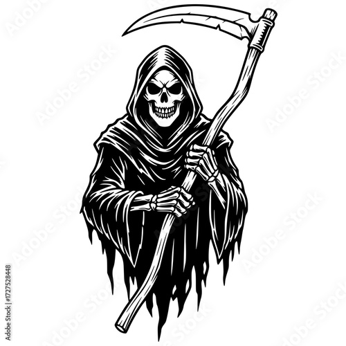 Grim Reaper holding a scythe in a dark cloak, death, grim reaper, halloween, horror, skull