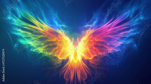 Colorful phoenix with outstretched wings against a dark blue background, digital art