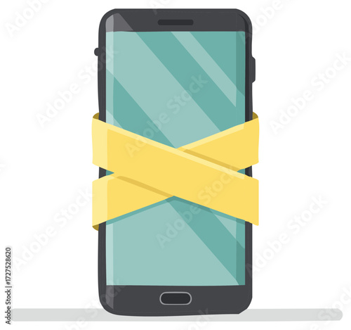 Smartphone wrapped with yellow tape symbolizing restriction and digital detox