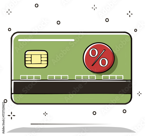 Green Credit Card with Percentage Symbol and Chip for Financial Discount and Payment