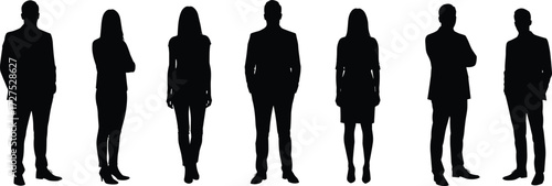 Business silhouettes, professional people standing, teamwork concept, corporate group, office staff, leadership, unity, collaboration, diverse workforce, career success, human resources, management