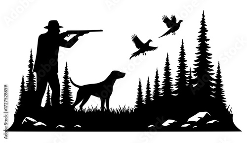 Hunter with dog and shotgun aiming at flying pheasant in the forest, pheasant hunting, dog, shotgun, nature, wilderness