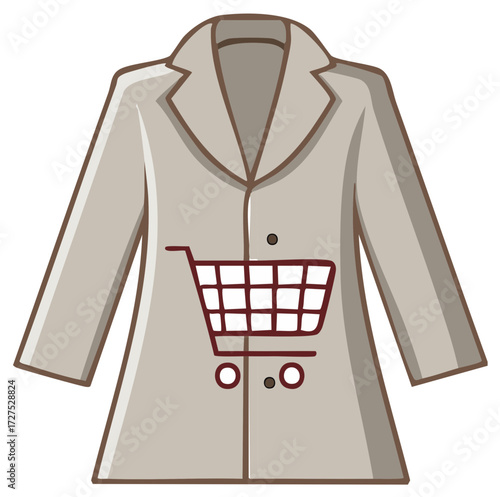 Online fashion store icon showing a beige coat and a shopping cart for consumer purchases
