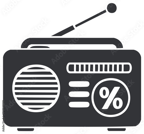 Dark gray vintage radio icon with antenna speaker and percentage symbol for discount sale promotion