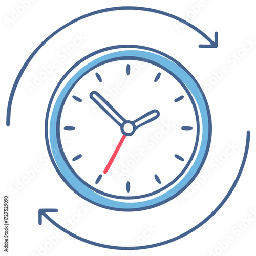 Hand drawn clock icon with rotation arrows depicting time management or recurring events illustration, representing schedule and deadlines