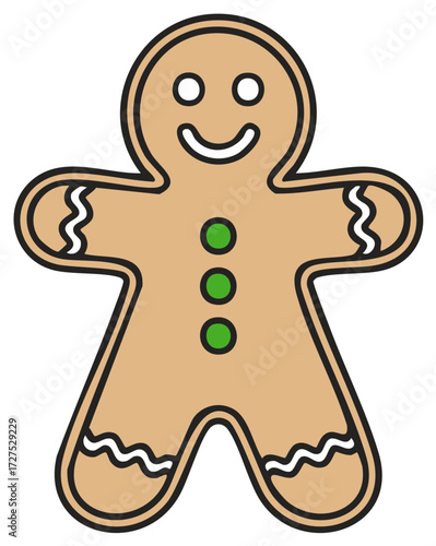Cartoon gingerbread man with green button eyes and smile