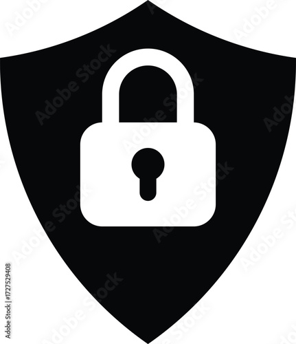 White padlock icon superimposed on a black shield symbol representing security and protection