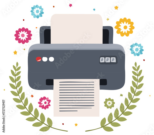 Colorful printer illustration actively printing documents, adorned with vibrant flowers, twinkling stars, and an elegant laurel wreath.
