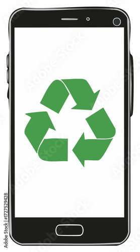 Mobile phone displaying a green recycling symbol, eco-friendly concept illustration