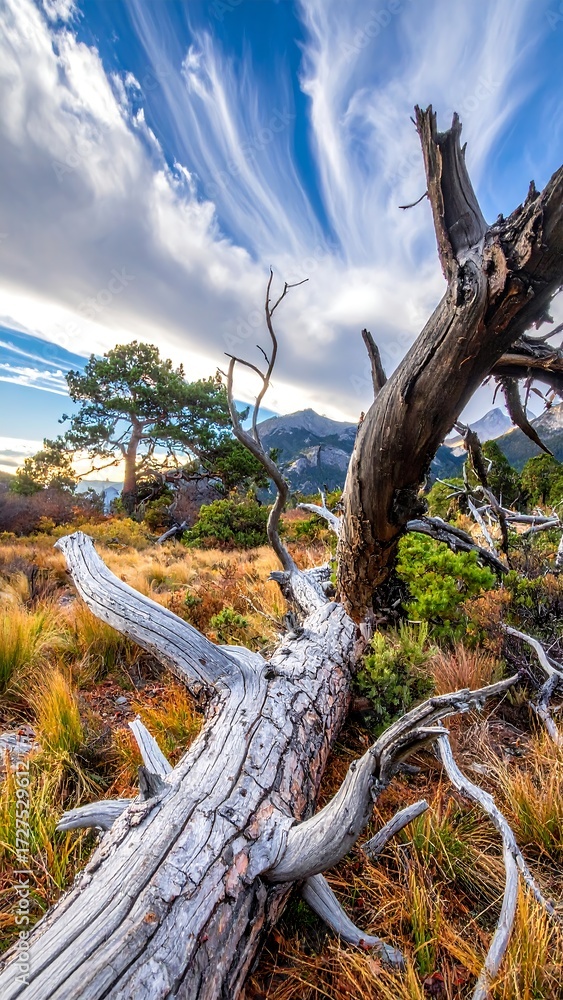 Fototapeta premium Fallen tree, autumnal landscape, mountain backdrop