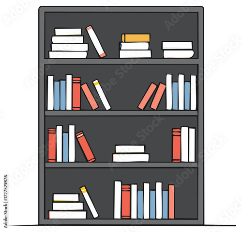Hand drawn cartoon bookshelf with colorful books organized on shelves vector illustration