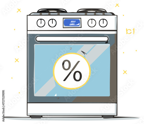 Sale on home kitchen appliances with a percent sign on the oven, a hand drawn vector illustration