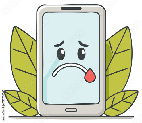 Upset Cartoon Phone with tear against Green leaves background in vector illustration