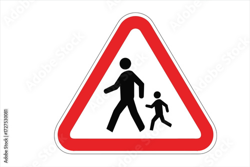 Vector art of a red triangular warning sign with a pedestrian and a child crossing the road the sign warns drivers to be careful of pedestrians