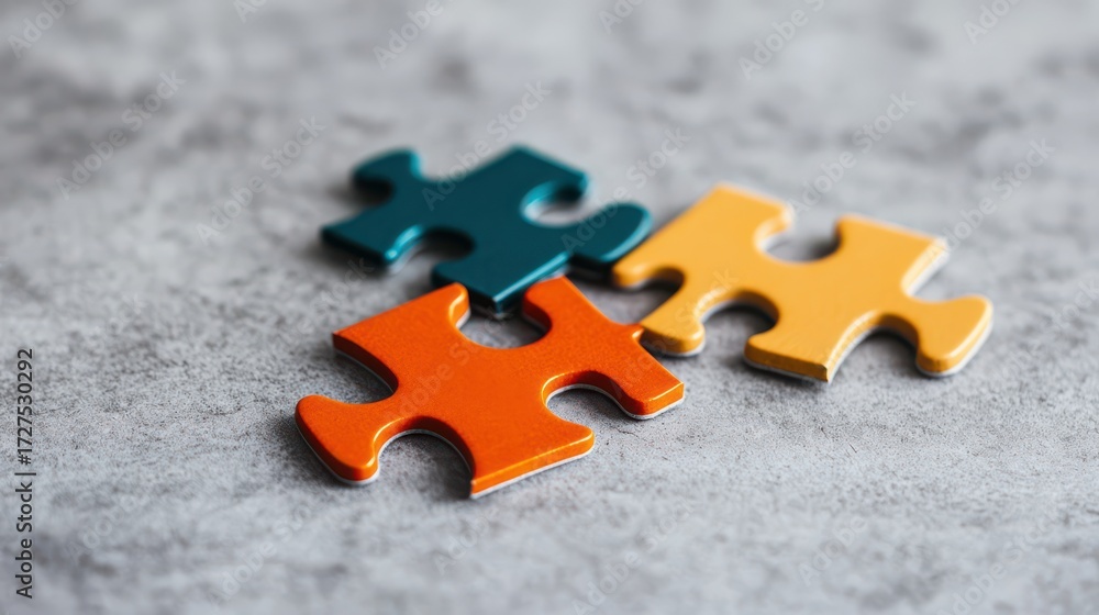 Obraz premium Three colorful puzzle pieces on a textured surface, symbolizing problem-solving and creativity.