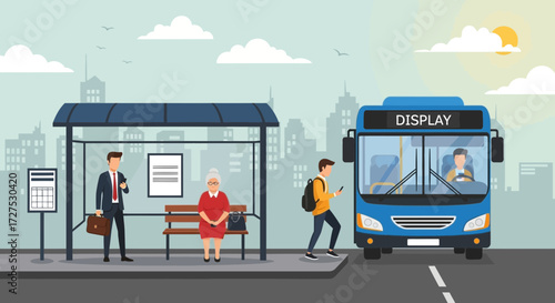 A diverse group of people wait at a city bus stop under a shelter, with a bus arriving and a driver inside, under a sunny sky with clouds and city buildings in the background