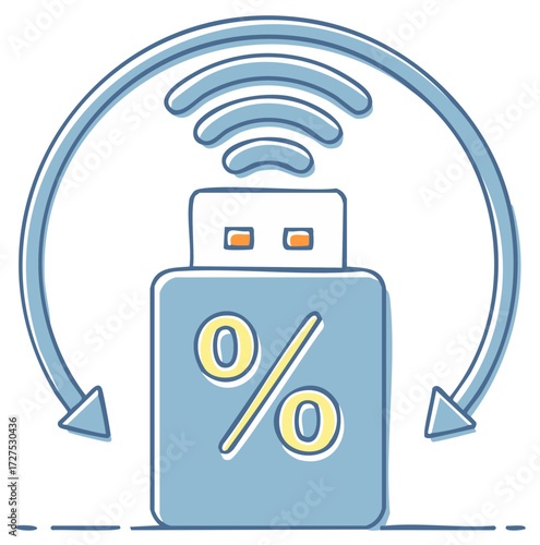 Wireless USB flash drive with percent sign and update arrow for financial technology