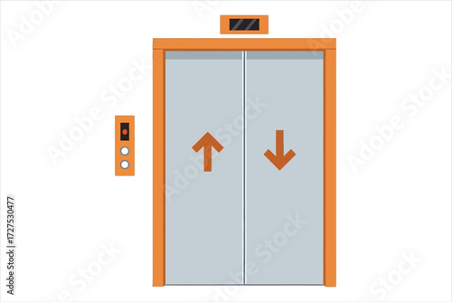 Illustration of an elevator, a vertical transportation system with doors, buttons, and indicators, commonly found in buildings