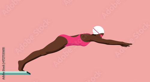 A female swimmer in a pink swimsuit and white cap prepares to dive into the water from a diving board