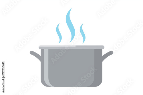 Vector art of a gray cooking pot with steam rising from it, indicating that something is being cooked or heated, it is a simple kitchen utensil