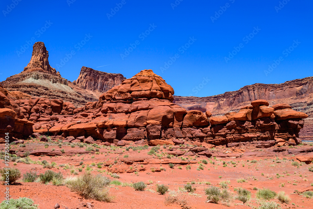 Fototapeta premium Dirt road at the bottom of the canyon among the layered geological formations of red rocks in Canyonlands National Park