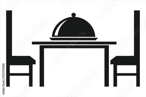 Vector art of a black and white illustration of a dining table with a covered dish and two chairs, representing dining, restaurant, or a formal meal setting