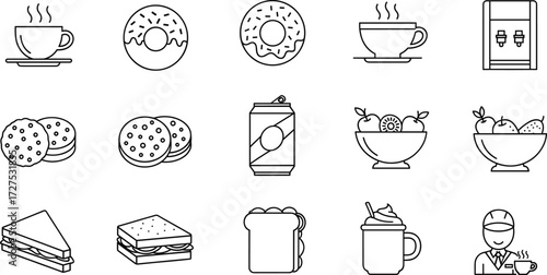 Food and Beverage Icons for Snacks, Drinks, Sandwiches, Cookies, Donuts, Fruit Bowls, Coffee Cups, and Cafe Service Line Art