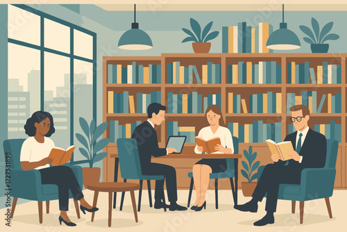 Diverse group of people reading and studying together in a cozy library with bookshelves and plants