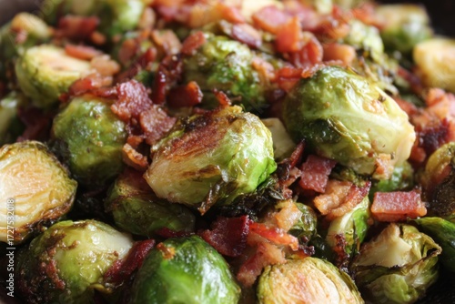 Roasted brussels sprouts and bacon are served in a dish.