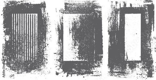 Set of grunge backgrounds with spray paint drains and black splashes texture. Dirty artistic vector design with ink blots splatters and grunge frame banners. 