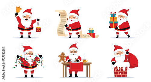 A collection of illustrations depicting santa claus in various festive activities.