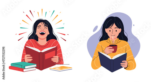 A person enjoys reading and another person drinks coffee while reading.
