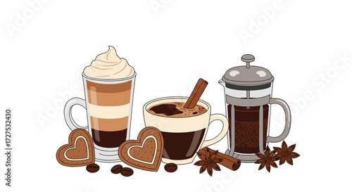A warm cup of coffee with biscotti and cinnamon.
