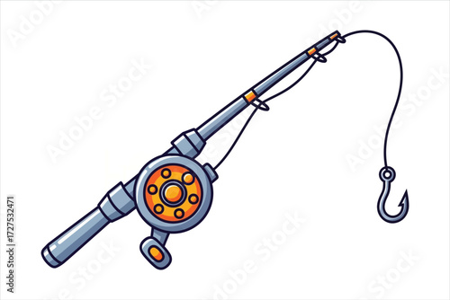 Vector art of a fishing rod with a hook the rod is silver and the reel is orange the hook is silver and the line is black